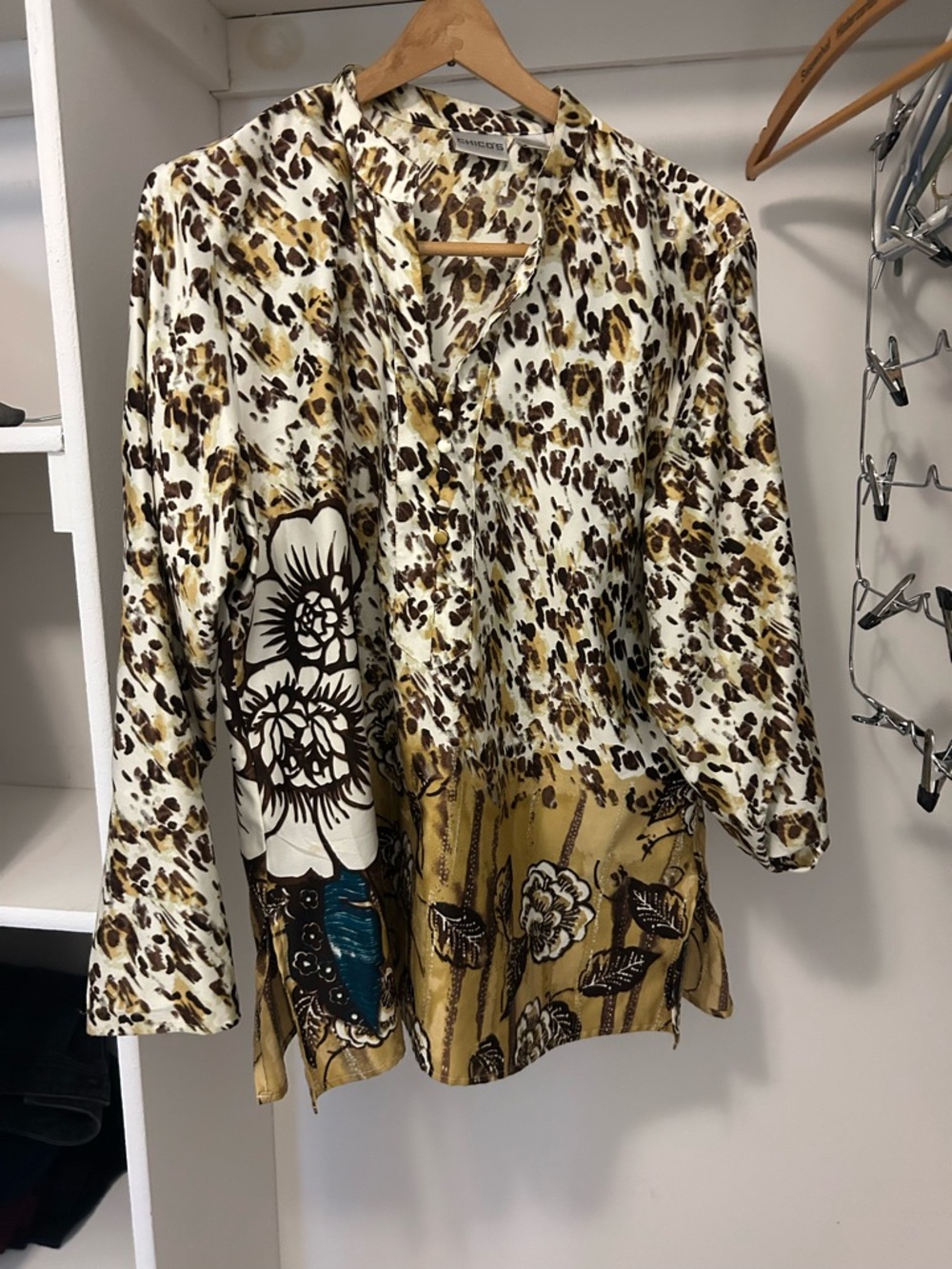 Chico’s size 2Mixed Print Long-Sleeve Blouse in Cream and Mustard